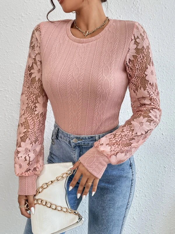 CM-TS597079 Women Elegant Seoul Style Round Neck Solid Contrast Lace Tee - Dusty Pink