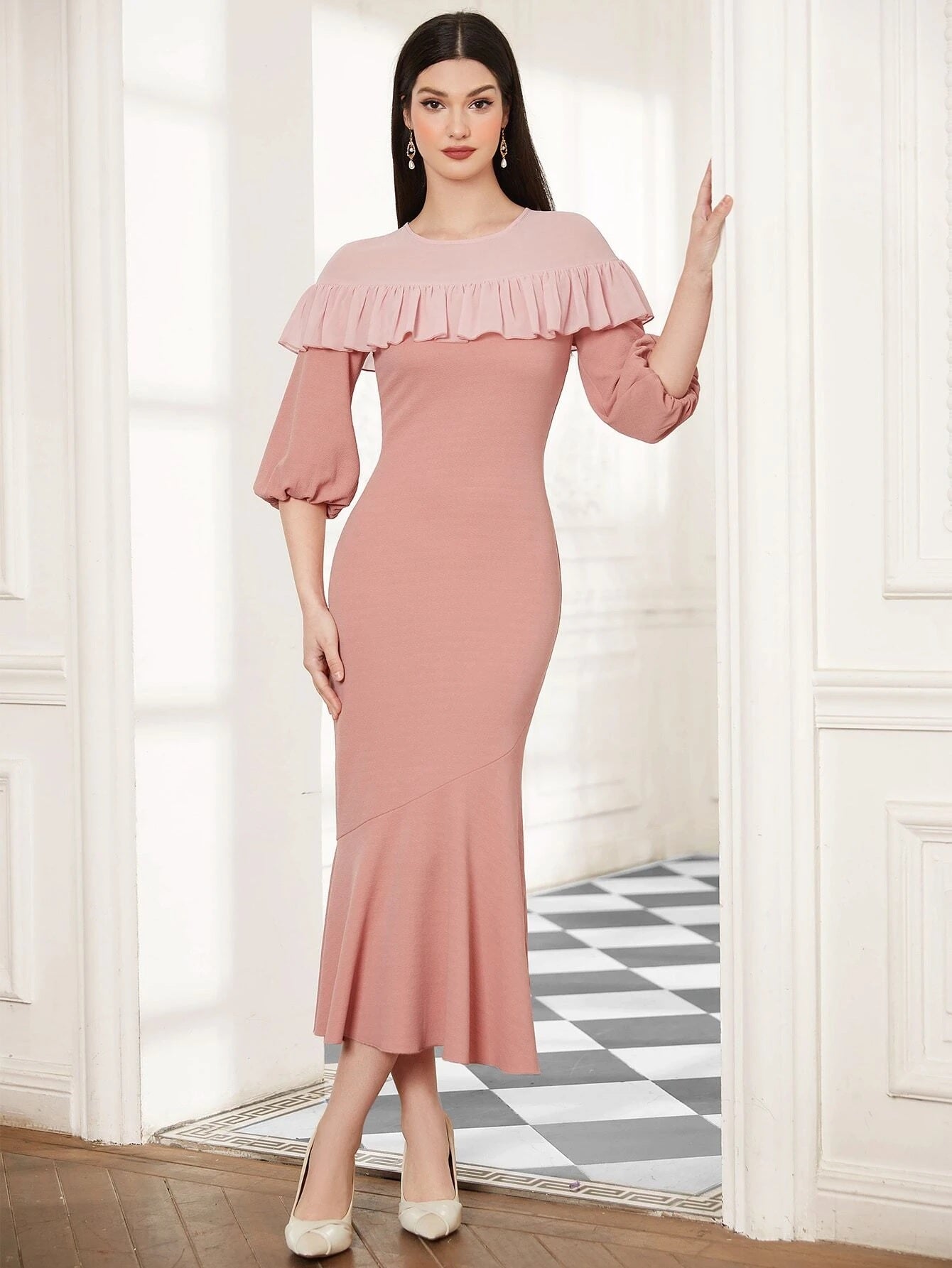 CM-DS247020 Women Elegant Seoul Style Ruffle Trim Lantern Sleeve Mermaid Hem Dress