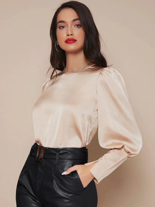 CM-TS021232 Women Elegant Seoul Style Buttoned Cuff Lantern Sleeve Satin Top - Champagne