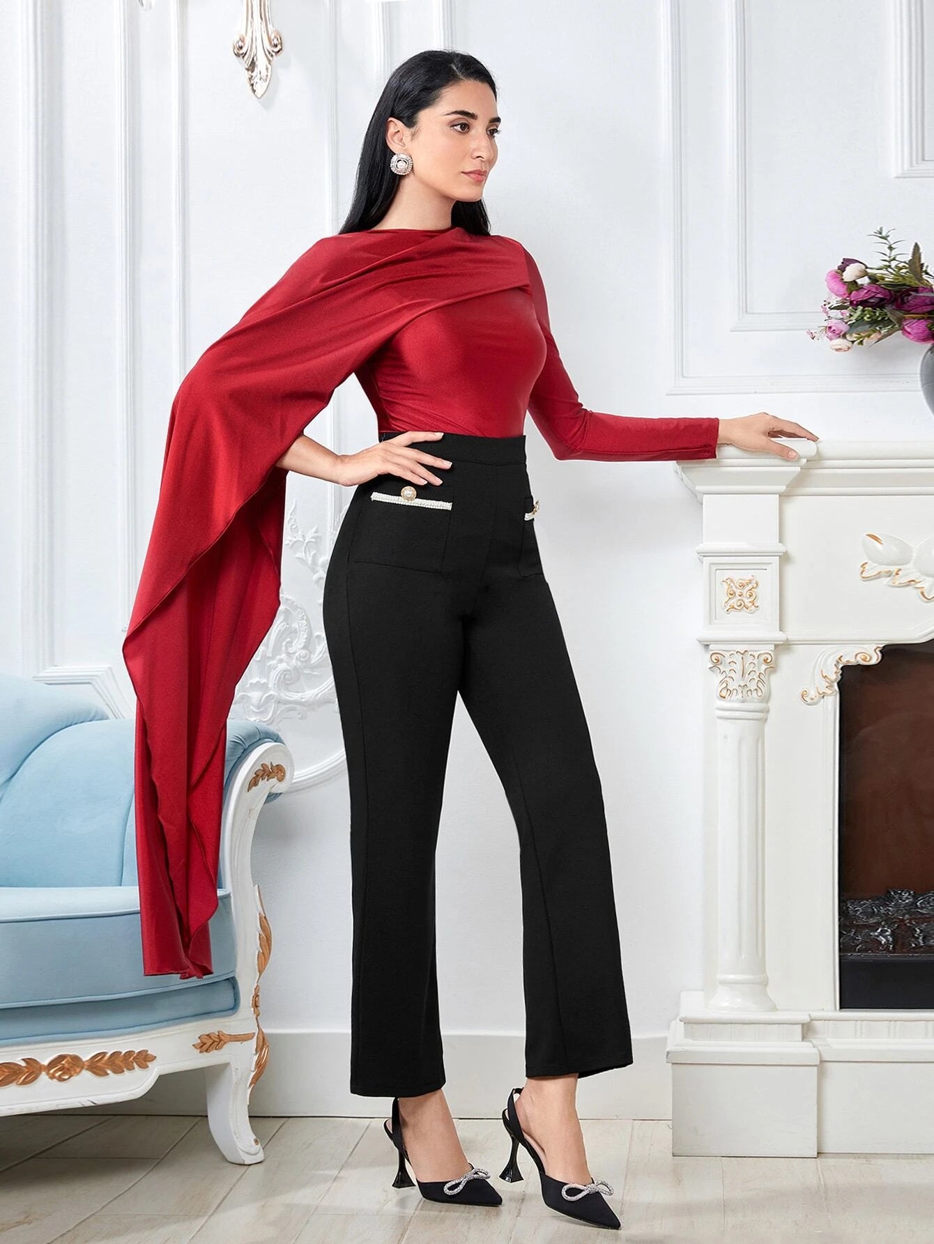 CM-TS083138 Women Elegant Seoul Style Lettuce Trim Asymmetrical Split Sleeve Top - Burgundy