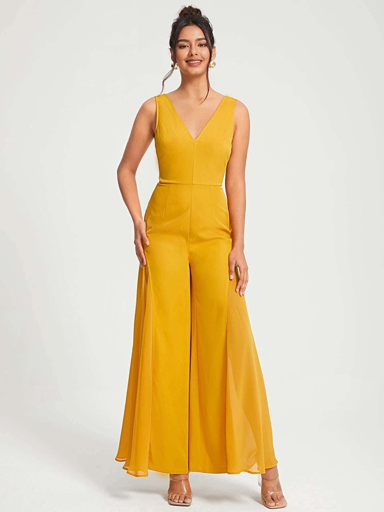 CM-JS555773 Women Elegant Seoul Style Sleeveless Solid Wide Leg Jumpsuit - Mustard Yellow