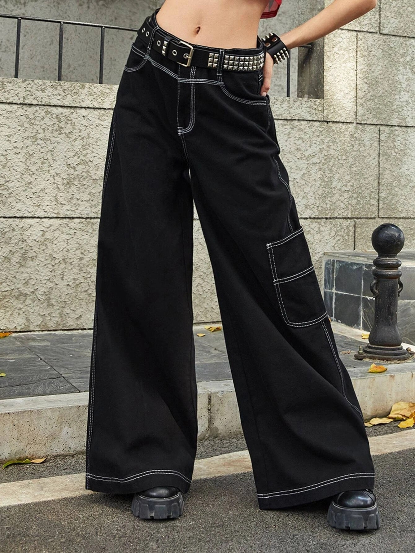 CM-BS971979 Women Preppy Seoul Style Grunge Punk Solid Wide Leg Jeans - Black