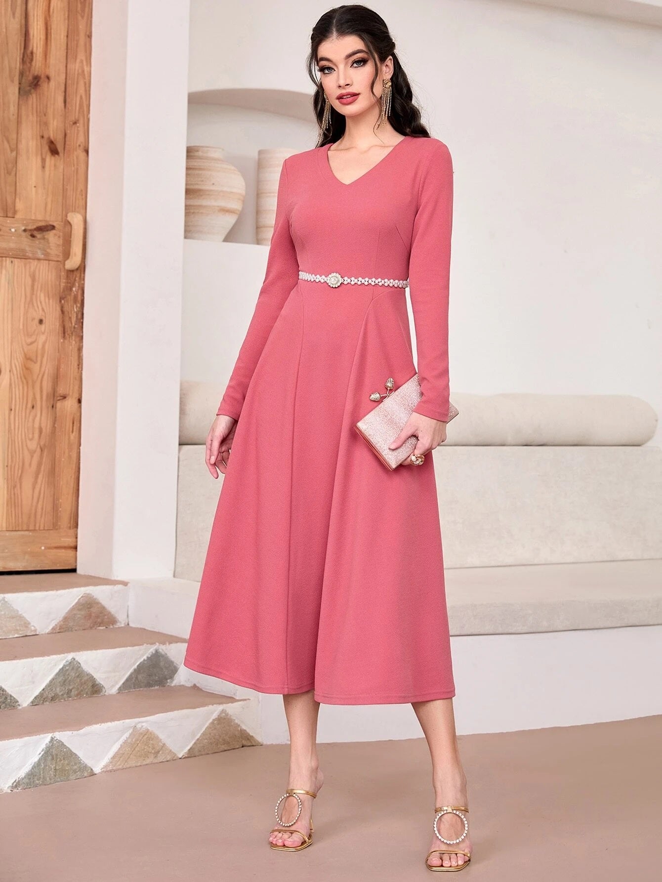 CM-DS961888 Women Elegant Seoul Style V-Neck Long Sleeve Flare Dress - Watermelon Pink