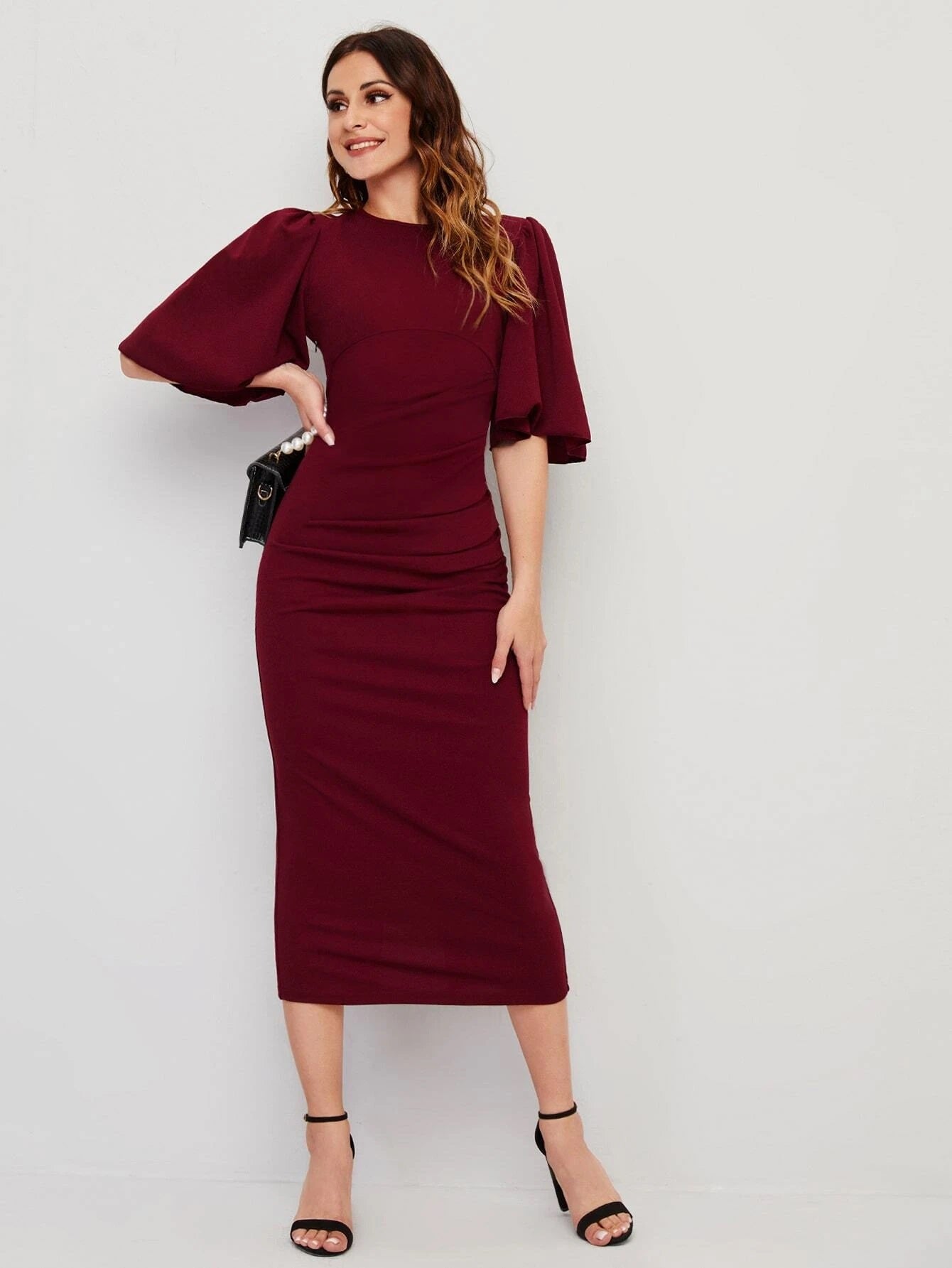 CM-DS118978 Women Casual Seoul Style Butterfly Sleeve Keyhole Back Split Hem Dress - Burgundy