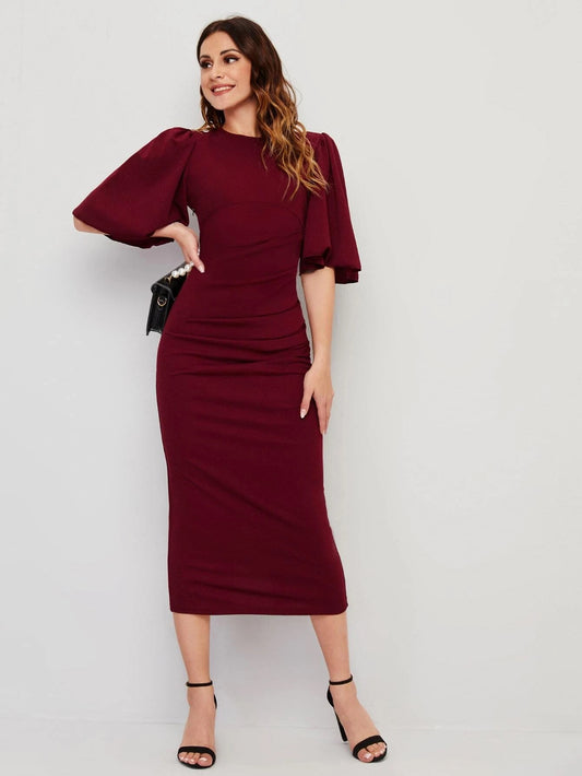 CM-DS118978 Women Casual Seoul Style Butterfly Sleeve Keyhole Back Split Hem Dress - Burgundy