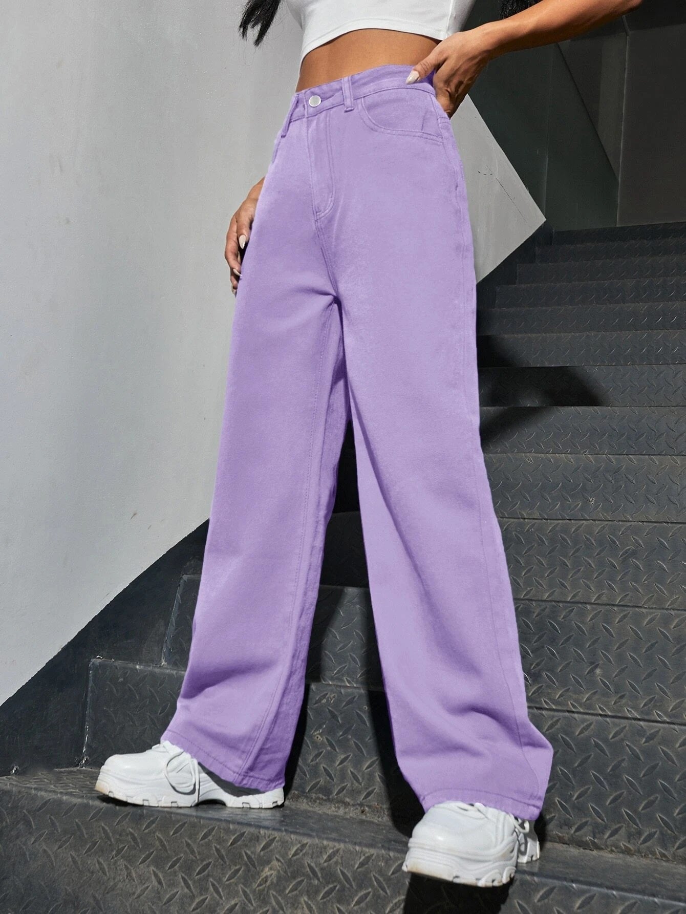 CM-BS000904 Women Preppy Seoul Style Slant Pocket High Waist Boyfriend Jeans - Purple