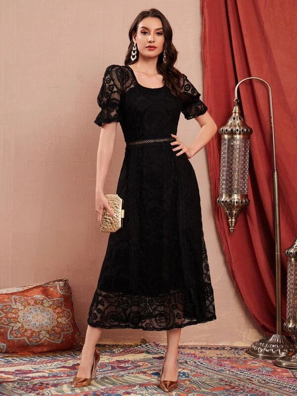 CM-DS851675 Women Elegant Seoul Style Flounce Sleeve Ruffle Hem Lace Dress - Black