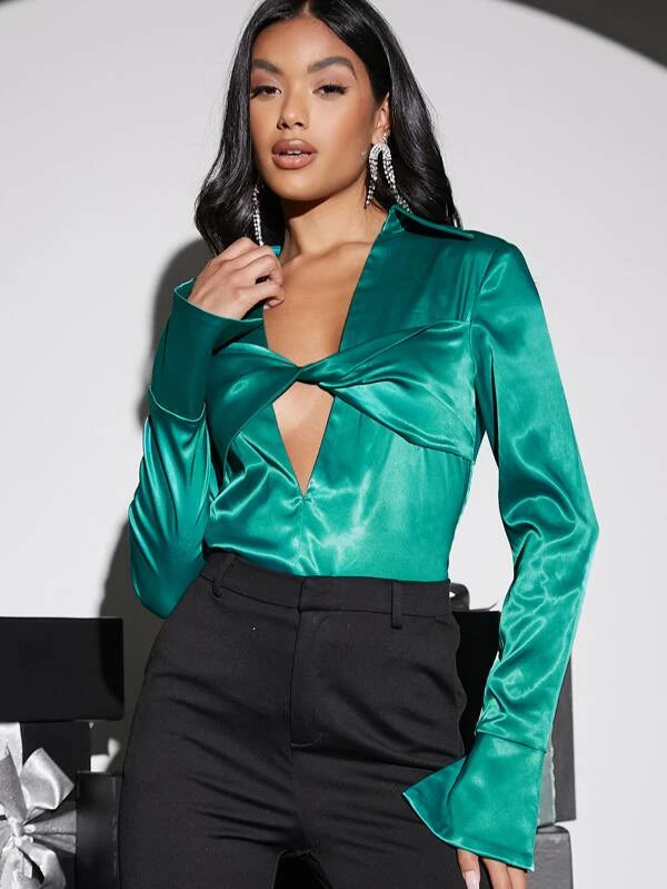 CM-TS262747 Women Elegant Seoul Style Solid Twist Front Flounce Sleeve Satin Top