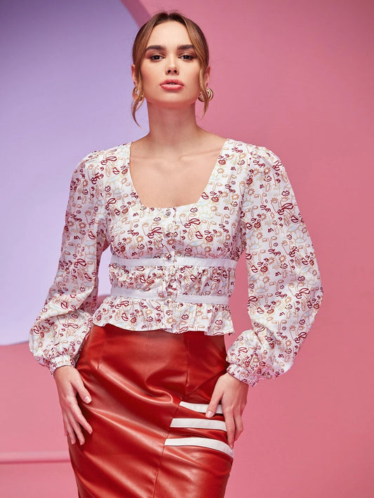 CM-TS230331 Women Casual Seoul Style Square Neck Figure Graphic Peplum Blouse
