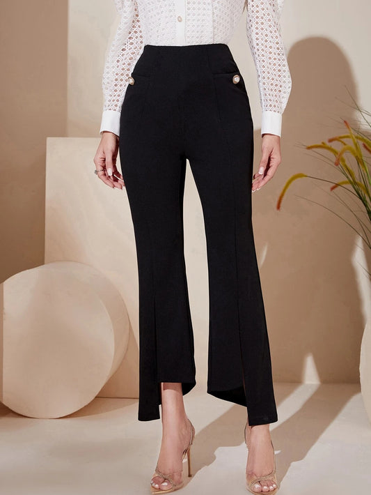 CM-BS022522 Women Elegant Seoul Style High Waist Button Detail Split Hem Flare Leg Pants