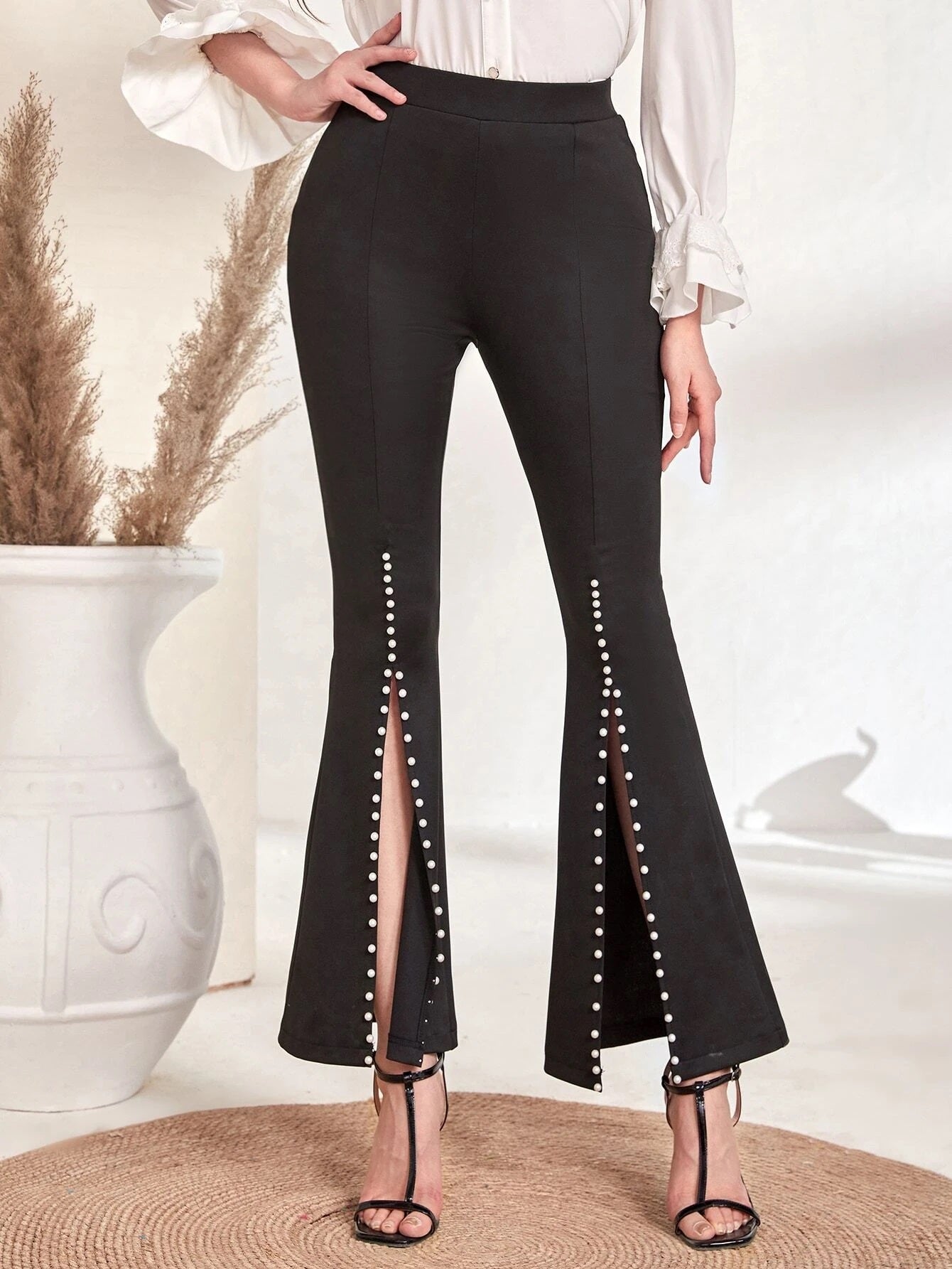 CM-BS960045 Women Elegant Seoul Style Pearls Beaded Split Hem Flare Leg Pants - Black