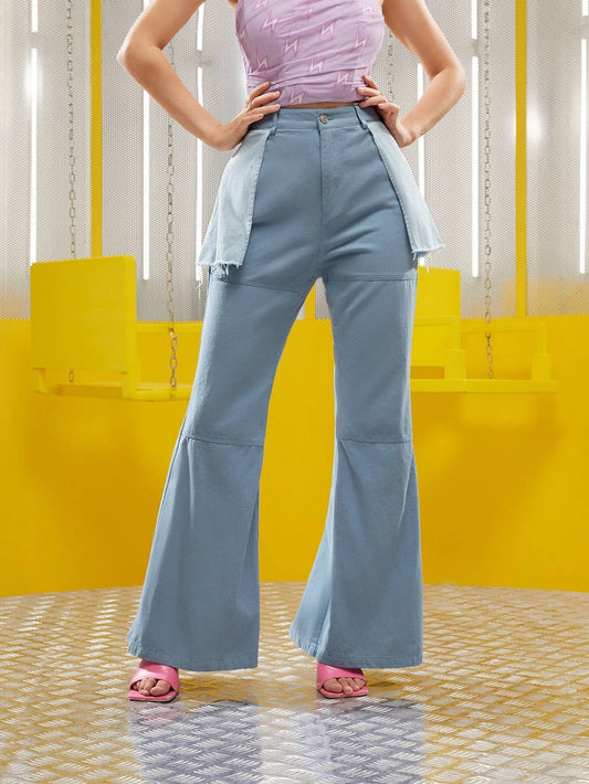 CM-BS691769 Women Elegant Seoul Style Frayed Trim Rag Stitching Flare Leg Pants - Dusty Blue
