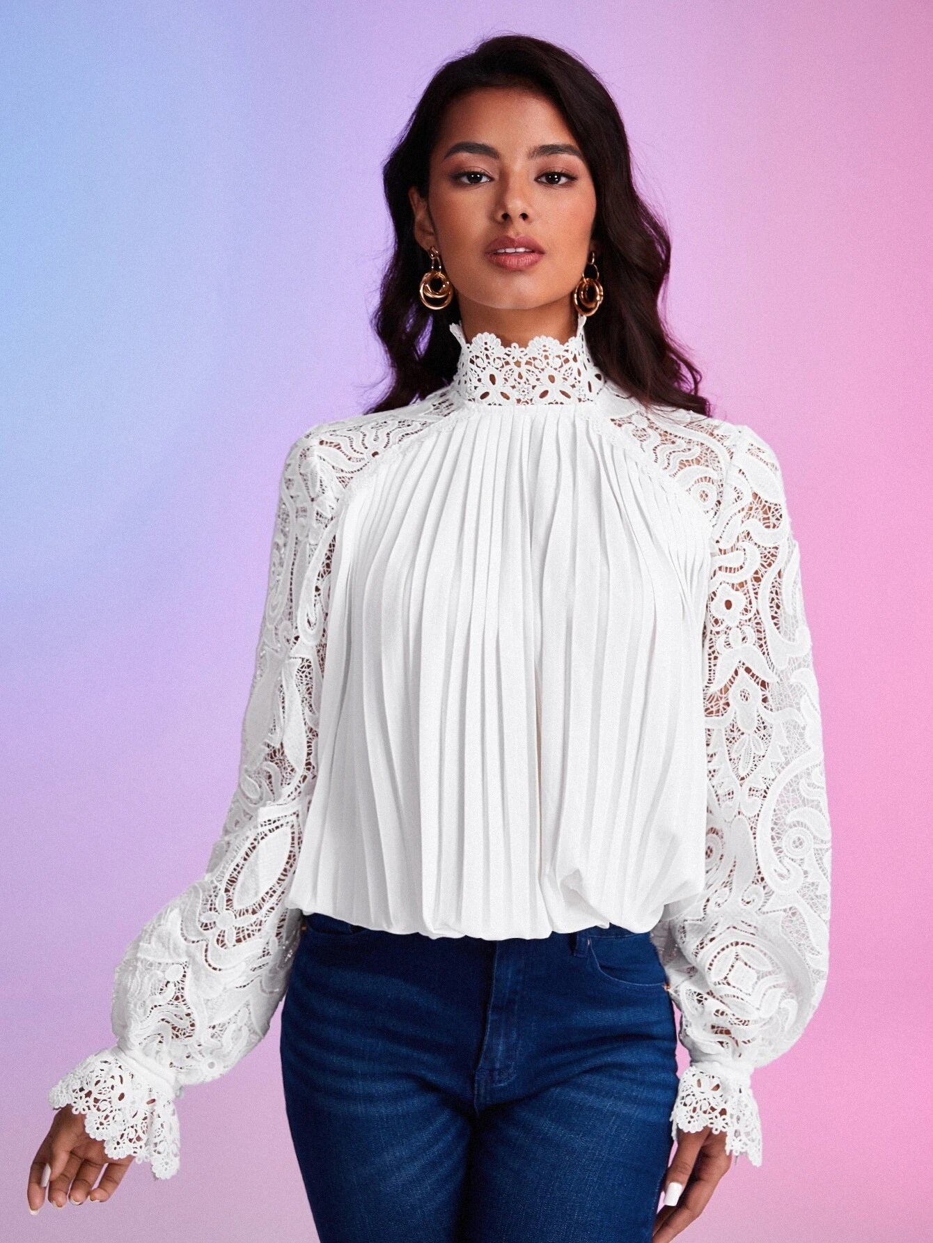 CM-TS971073 Women Elegant Seoul Style Contrast Lace Flounce Sleeve Pleated Detail Blouse