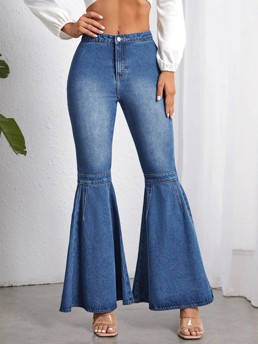 CM-BS696533 Women Casual Seoul Style Dark Wash Zipper Fly Flare Leg Jeans