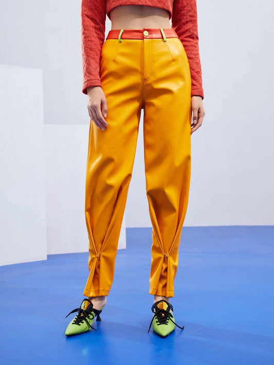 CM-BS041561 Women Elegant Seoul Style High Waist Colorblock Carrot Patent Pants - Ginger