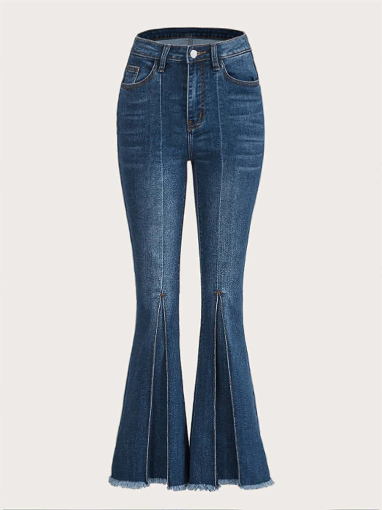 CM-BS780161 Women Casual Seoul Style Dark Wash Raw Hem Flare Leg Jeans