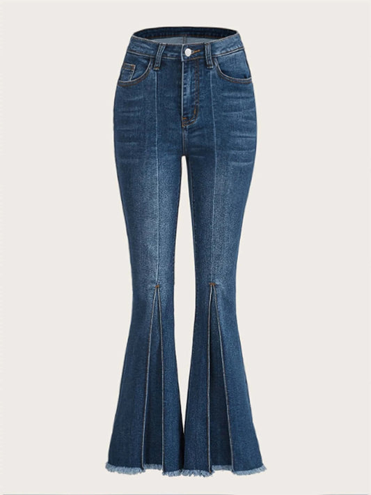 CM-BS780161 Women Casual Seoul Style Dark Wash Raw Hem Flare Leg Jeans
