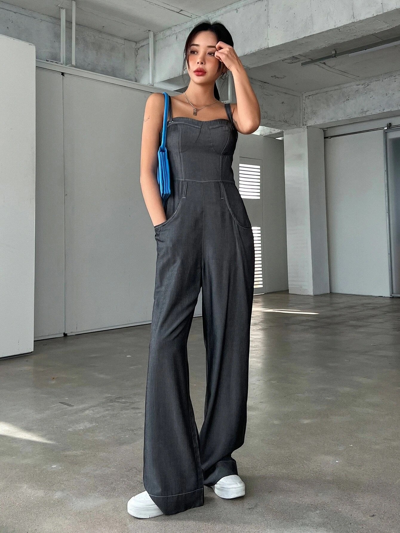 CM-JS020685 Women Casual Seoul Style Solid Slant Pocket Zip Back Cami Jumpsuit - Dark Gray