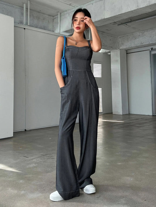 CM-JS020685 Women Casual Seoul Style Solid Slant Pocket Zip Back Cami Jumpsuit - Dark Gray