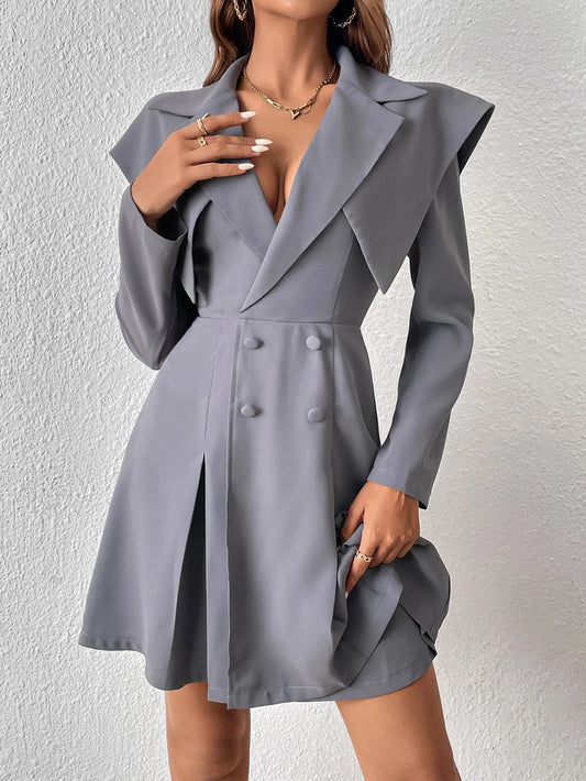 CM-DS150746 Women Elegant Seoul Style Double Breasted Fold Pleated Dress - Gray