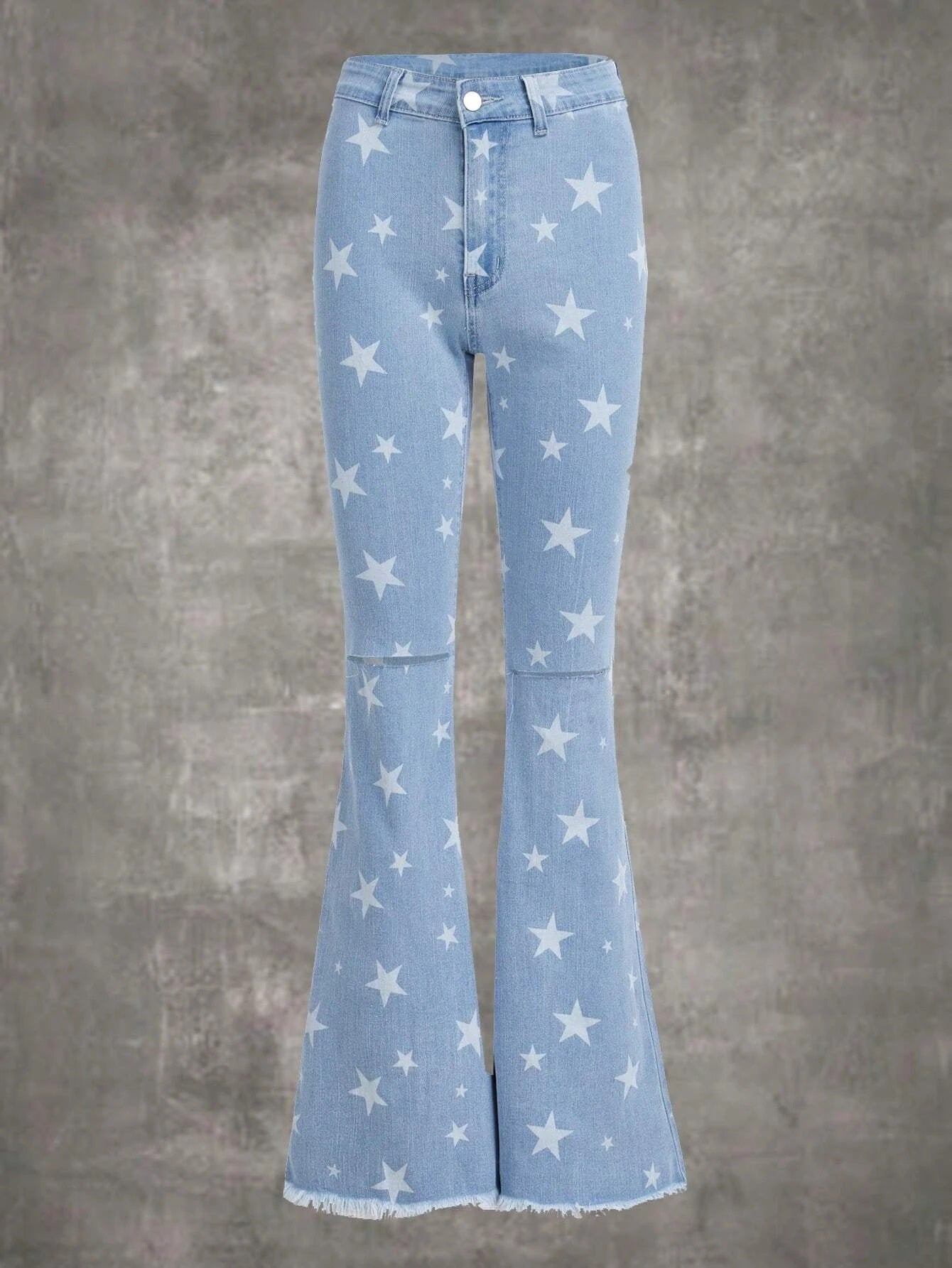CM-BS753727 Women Preppy Seoul Style Light Wash Star Print Ripped Flare Leg Jeans
