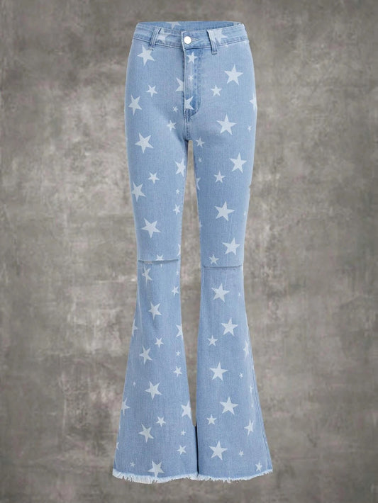 CM-BS753727 Women Preppy Seoul Style Light Wash Star Print Ripped Flare Leg Jeans