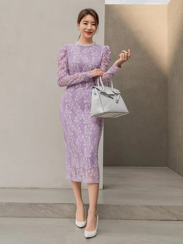 CM-DS422083 Women Elegant Seoul Style Frill Mock Neck Gigot Sleeve Lace Dress