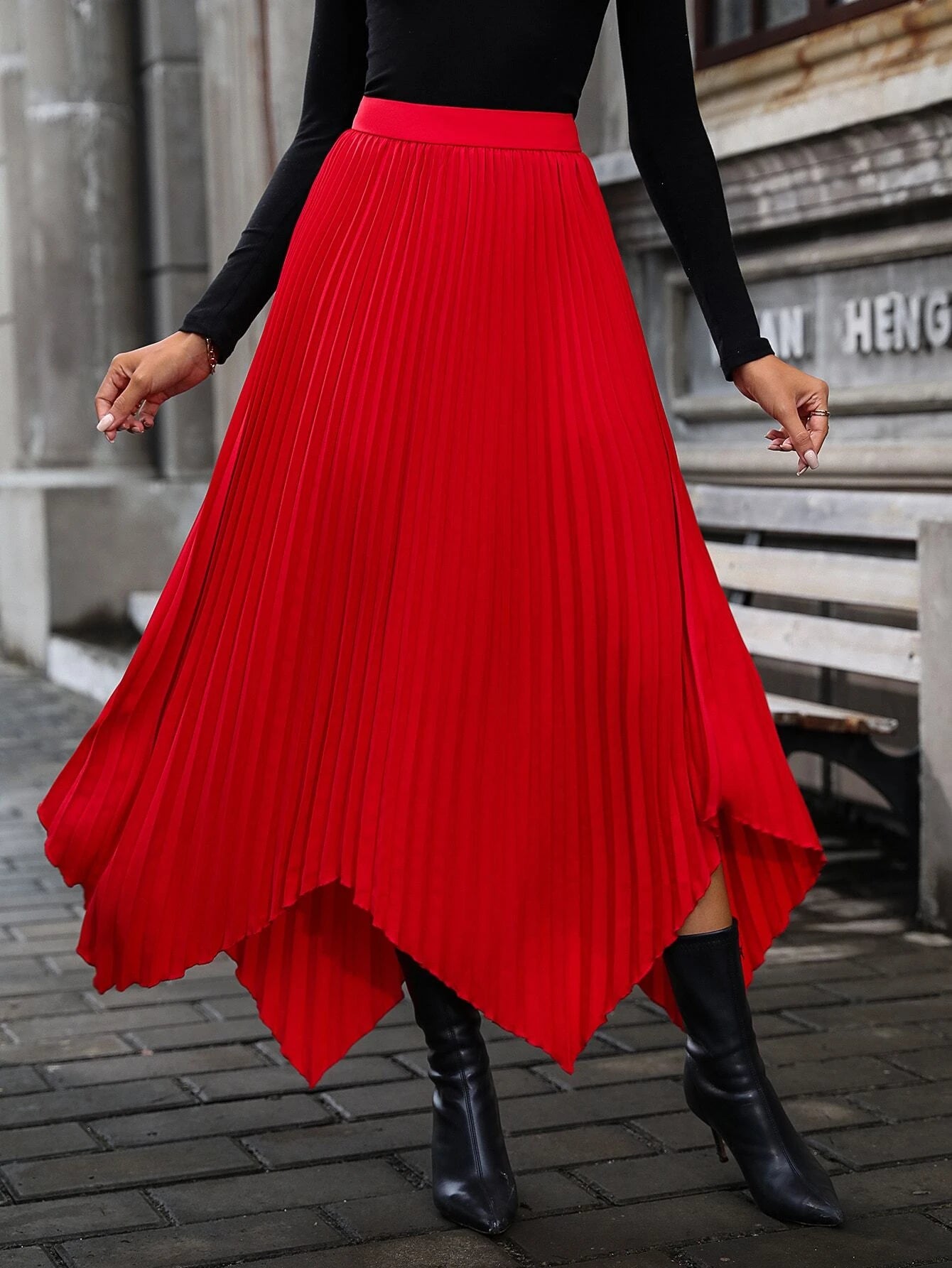 CM-BS461696 Women Elegant Seoul Style High Waist Hanky Hem Pleated Skirt - Red