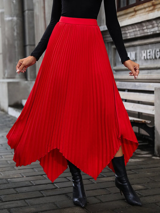 CM-BS461696 Women Elegant Seoul Style High Waist Hanky Hem Pleated Skirt - Red