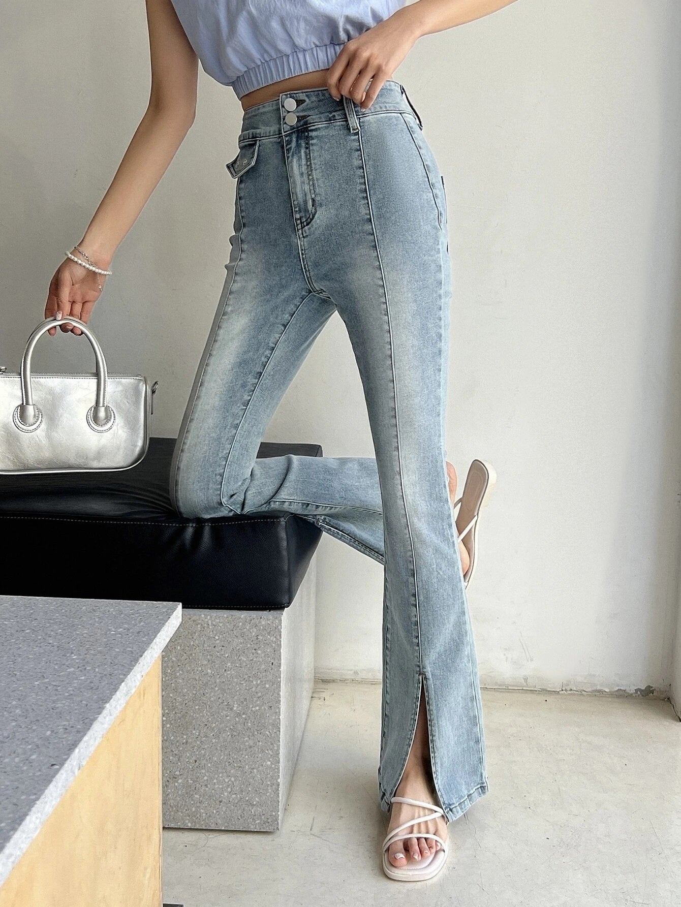 CM-BS200073 Women Casual Seoul Style Light Wash Split Hem Flare Leg Jeans