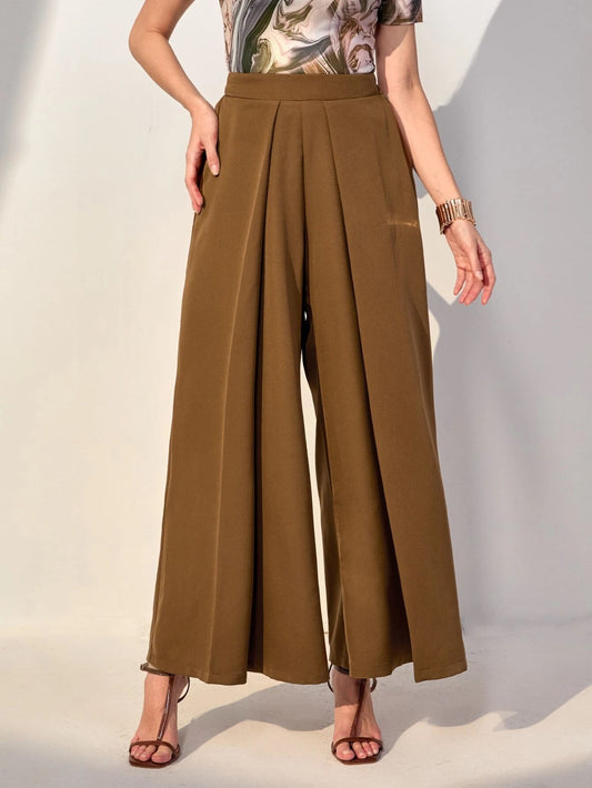 CM-BS994247 Women Trendy Bohemian Style High Waist Fold Pleated Wide Leg Pants - Khaki