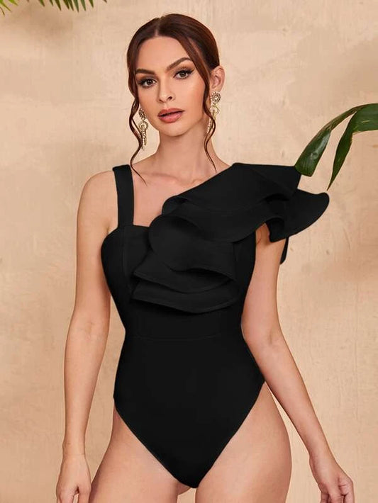 CM-TS832323 Women Elegant Seoul Style Asymmetrical Neck Layered Trim Bodysuit - Black