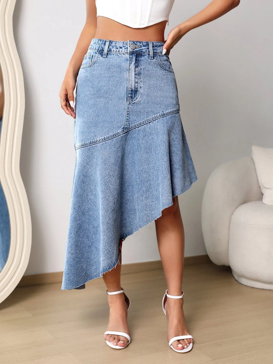 CM-BS433511 Women Preppy Seoul Style High Waist Asymmetrical Raw Hem Denim Skirt