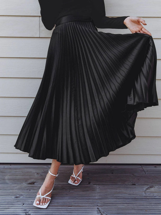 CM-BS905549 Women Elegant Seoul Style High Waist Solid Pleated Skirt - Black