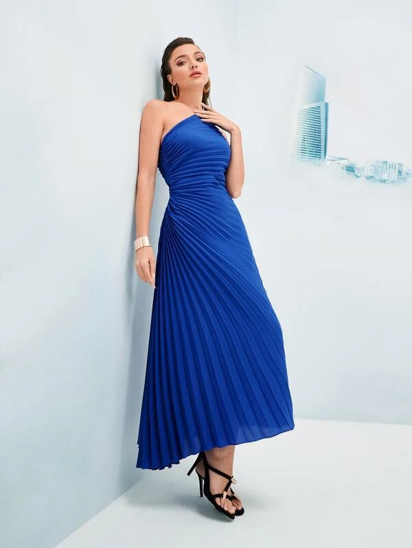CM-DS504136 Women Elegant Seoul Style Ruched Pleated One Shoulder Dress - Blue