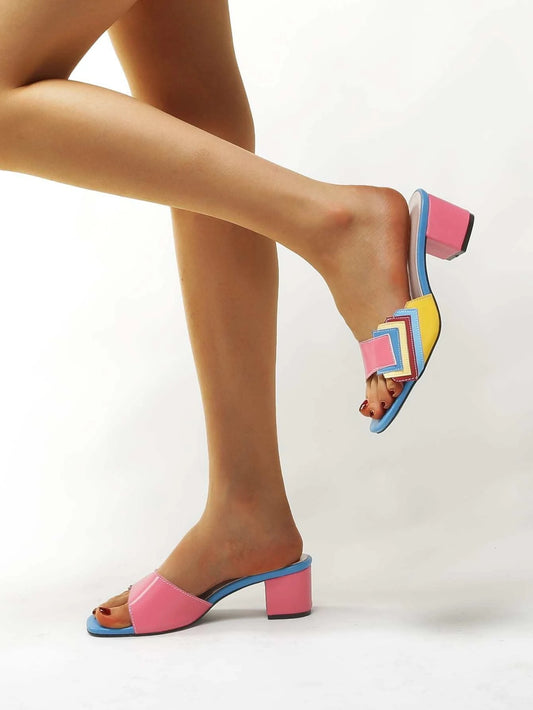 CM-SHS155154 Women Trendy Seoul Style Color Block Chunky Mules