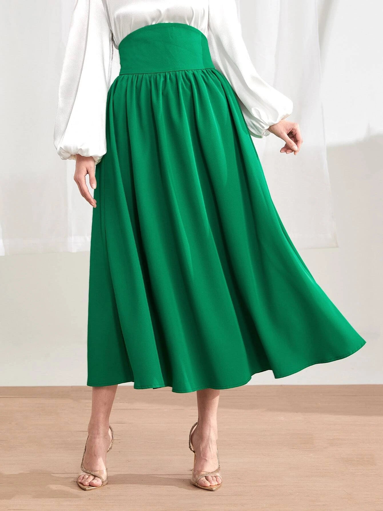 CM-BS076871 Women Elegant Seoul Style Wide Waistband Flare Skirt - Green