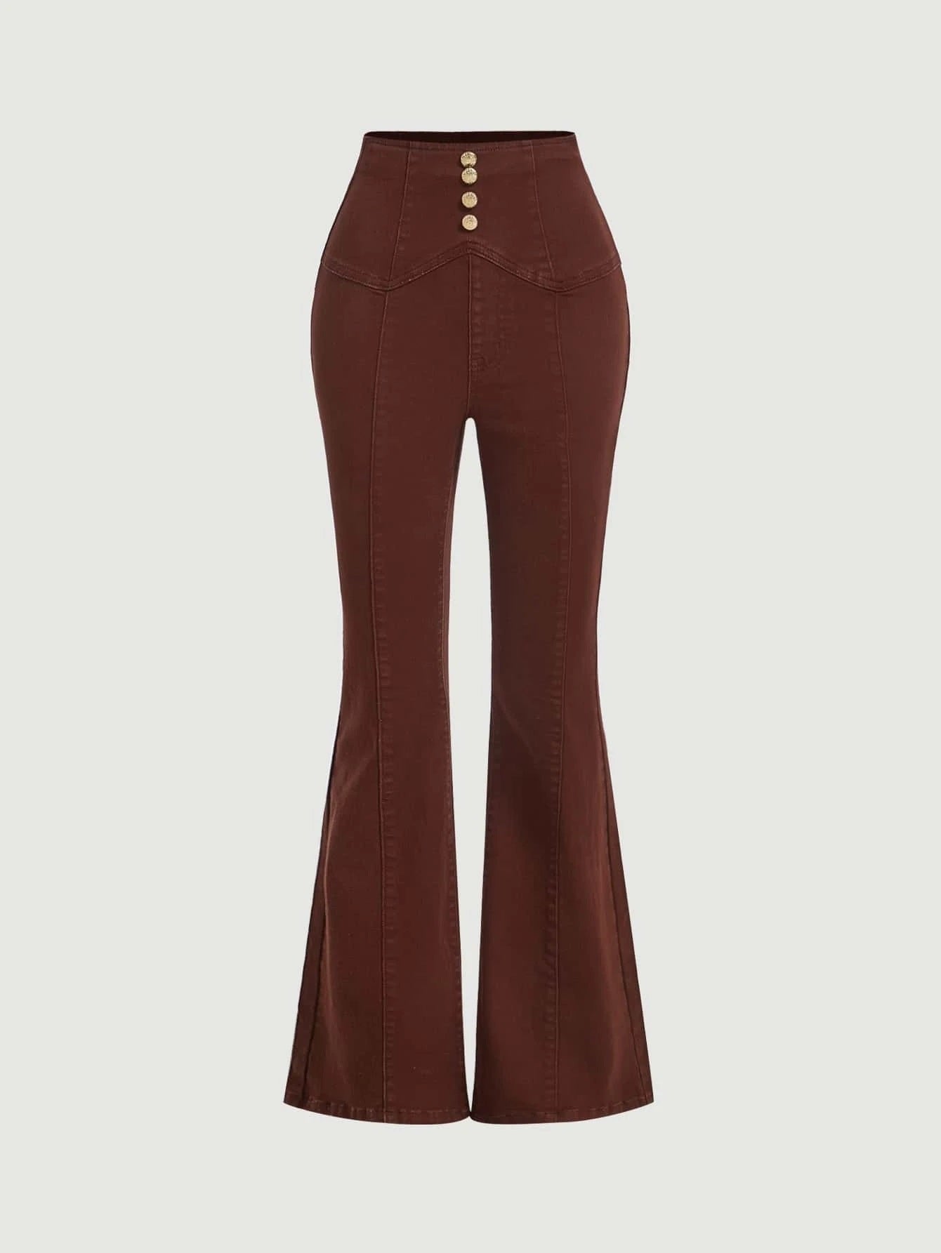 CM-BS626083 Women Casual Seoul Style Button Fly Flare Leg Jeans - Coffee Brown