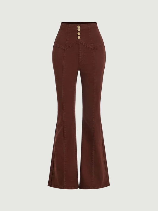 CM-BS626083 Women Casual Seoul Style Button Fly Flare Leg Jeans - Coffee Brown