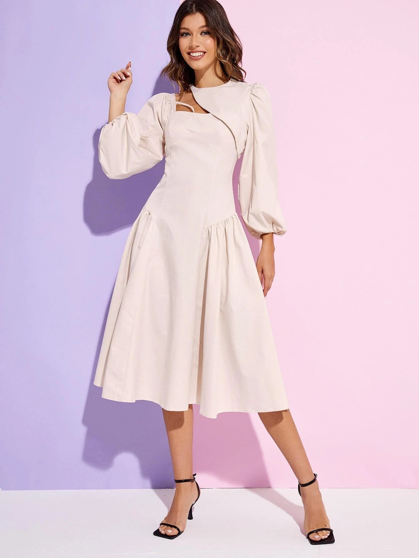 CM-DS214721 Women Casual Seoul Style Asymmetrical Neck Bishop Sleeve Flared Hem Dress