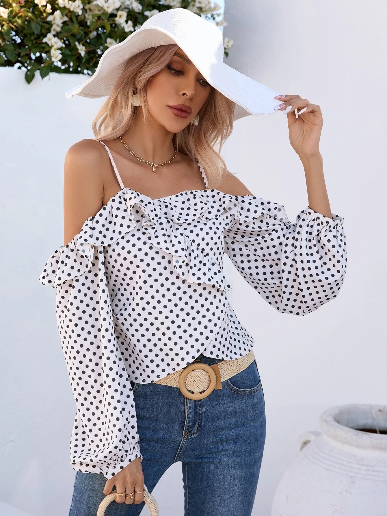 CM-TS285376 Women Casual Seoul Style Polka Dot Cold Shoulder Ruffle Trim Lantern Sleeve Blouse