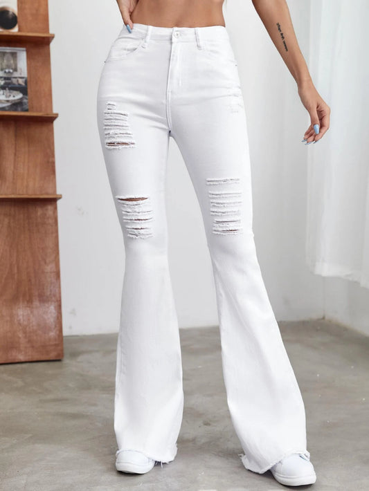 CM-BS006466 Women Preppy Seoul Style High Waist Ripped Raw Hem Flare Leg Jeans