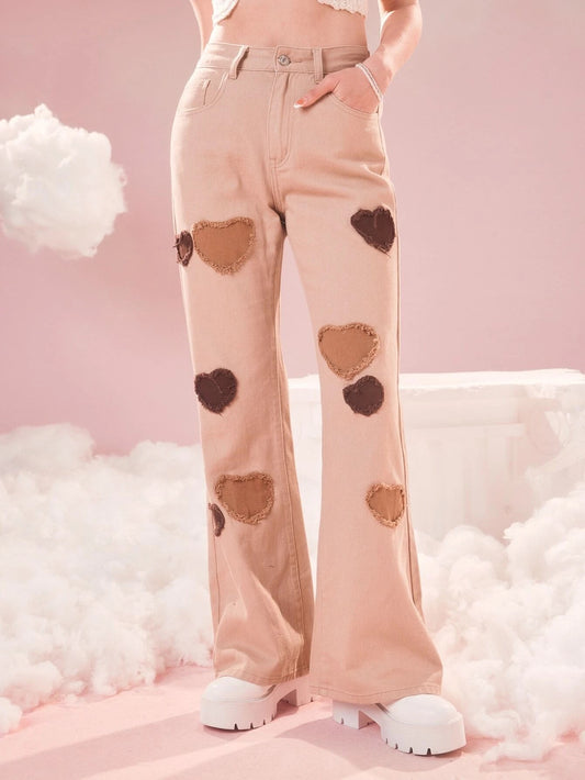 CM-BS173513 Women Preppy Seoul Style Heart Pattern Flare Leg Jeans - Apricot