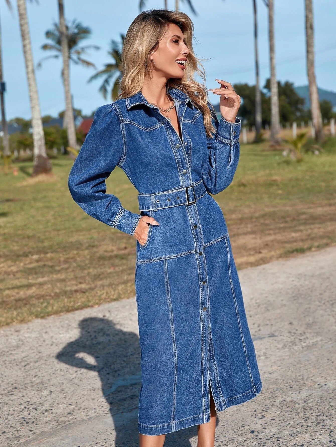 CM-DS636084 Women Preppy Seoul Style Puff Sleeve Slit Hem Belted Denim Dress