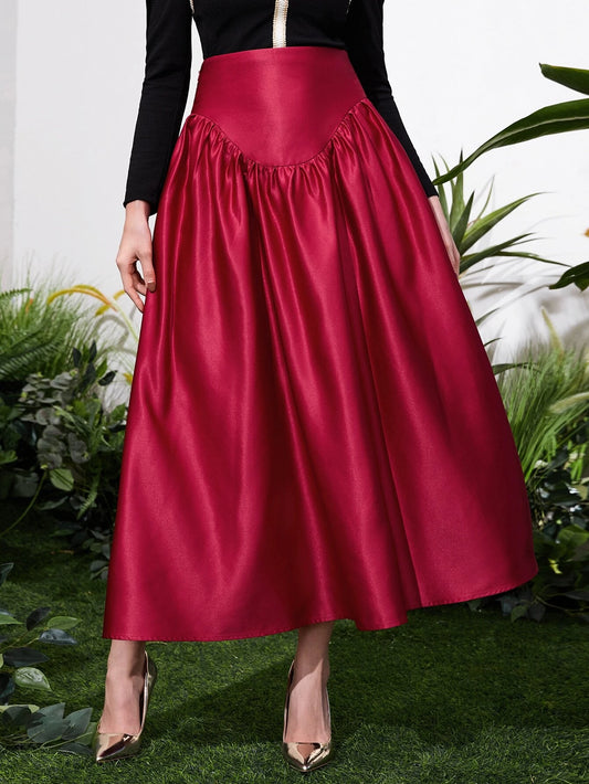 CM-BS535451 Women Elegant Seoul Style High Waist Satin Skirt - Burgundy