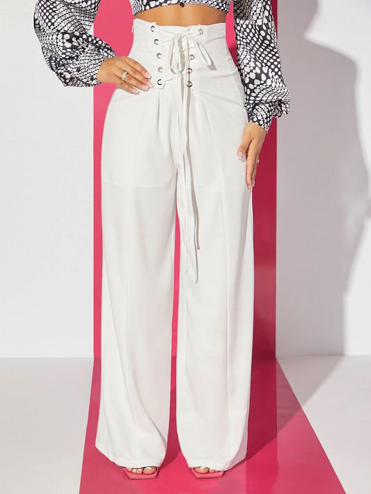 CM-BS159909 Women Elegant Seoul Style Lace Up Front Wide Leg Pants - White