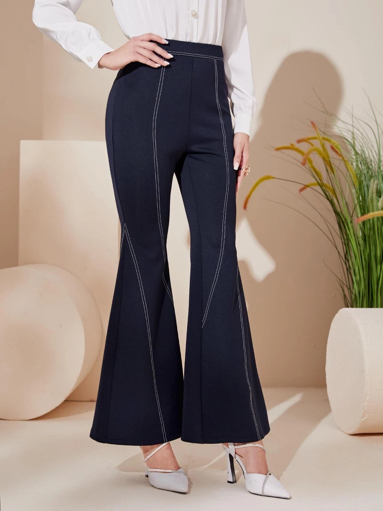 CM-BS148038 Women Elegant Seoul Style High Waist Top-Stitching Flare Leg Pants - Navy Blue