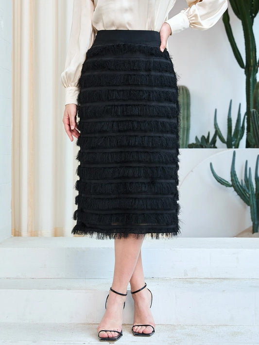 CM-BS847646 Women Elegant Seoul Style High Waist Fringe Trim Skirt - Black