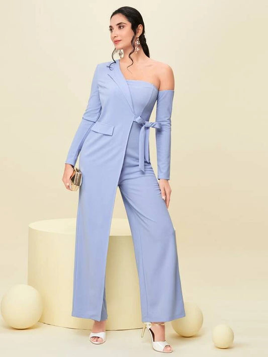 CM-JS800997 Women Elegant Seoul Style Asymmetrical Neck Knot Side Jumpsuit