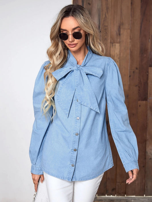 CM-TS126945 Women Casual Seoul Style Light Wash Tie Neck Button Front Denim Top